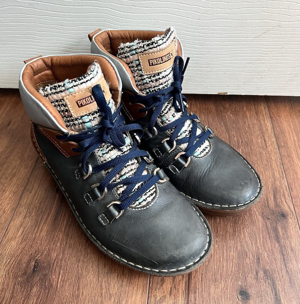 PIKOLINOS Women's Cazorla W5U Blue Calfskin Leather Tweed Lace Up Ankle Boots 37